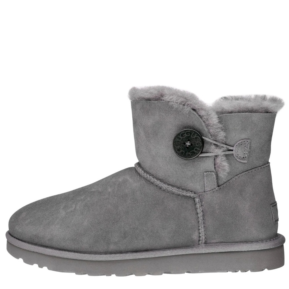 Women's Shoes UGG MINI BAILEY BUTTON II Suede & Sheepskin Boots GRAY GREY